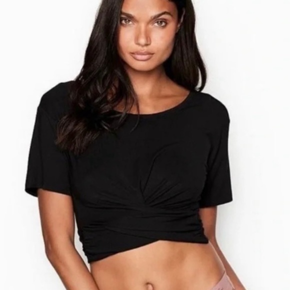 Victoria's Secret Black Heavenly Front Twist Back Tie Crop Tee Top Size XS - Picture 2 of 8